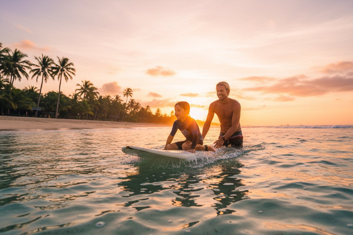 Surf lesson on a Bali beach at sunrise